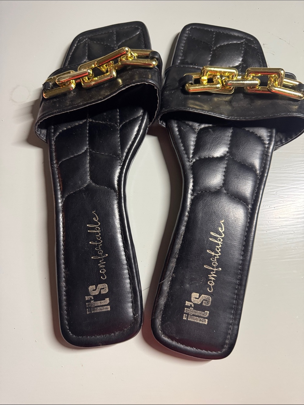 Quilted Black Slide Mules with Gold Chain